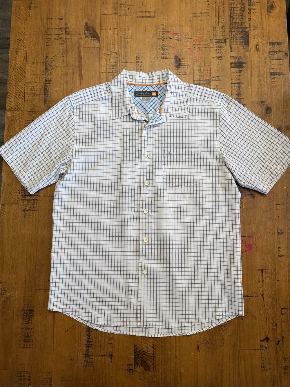Quiksilver Men's White Brown and Black Grid Short Sleeve Button-Down Shirt